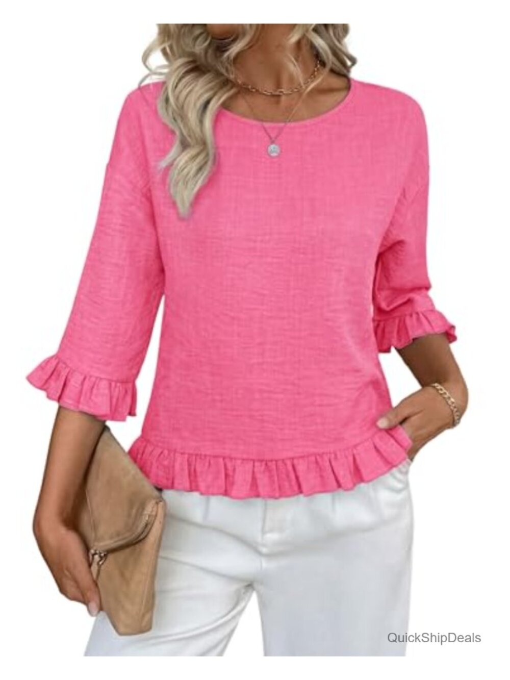 Womens Ruffle 3/4 Sleeve Blouse Dressy Casual Lightweight Top